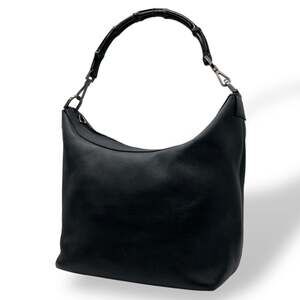 Gucci GUCCI Handbag Shoulder Bag Bamboo Leather Black Silver Hardware Women's...